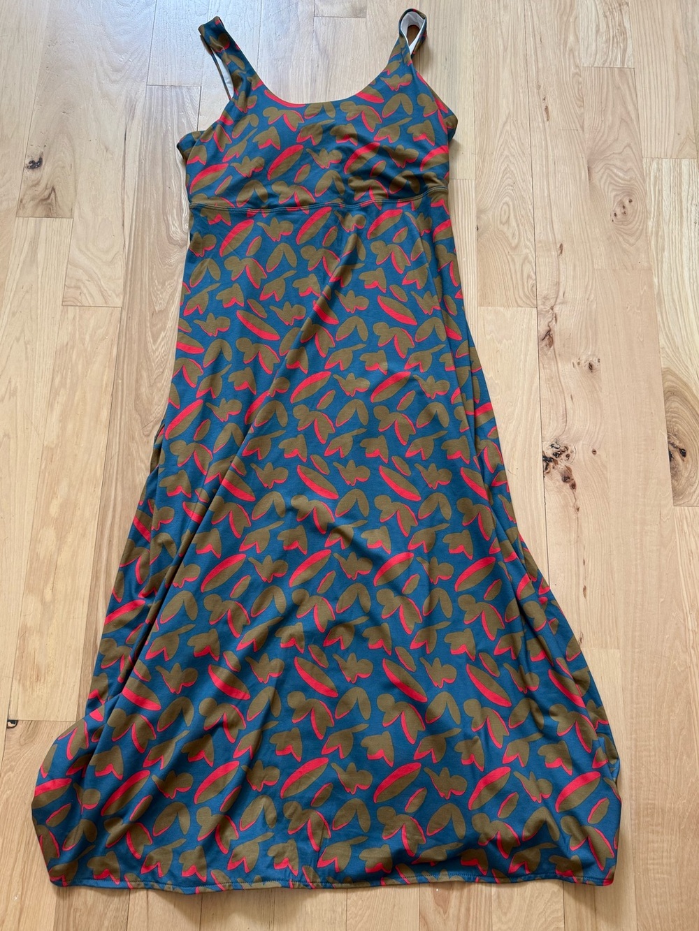 Prana Olive Green Midi Dress with Red and Brown Leaf Print
